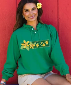 Plumeria Quilt Band - Wintergreen Dyed Long Sleeve Lightweight Pullover